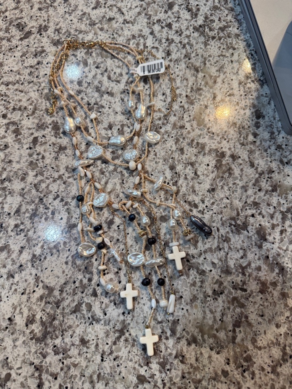 Free People Multi-Strand Pearl and Cross Pendant Necklace in White and Gold